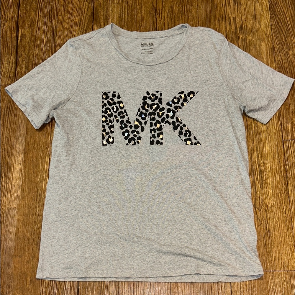 MICHAEL Michael Kors Gray Tee with Leopard MK Design